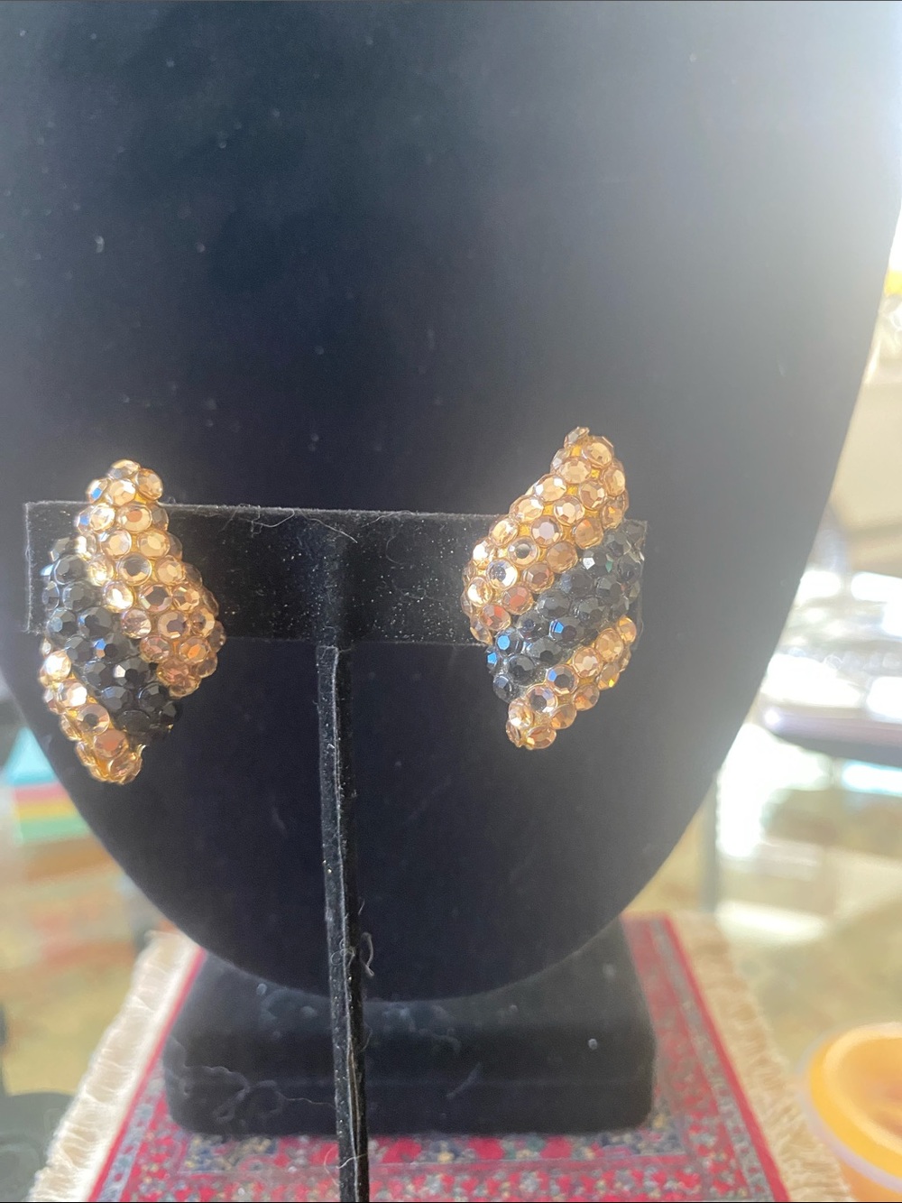 Gold and Black Crystal Stripe Clip-On Earrings